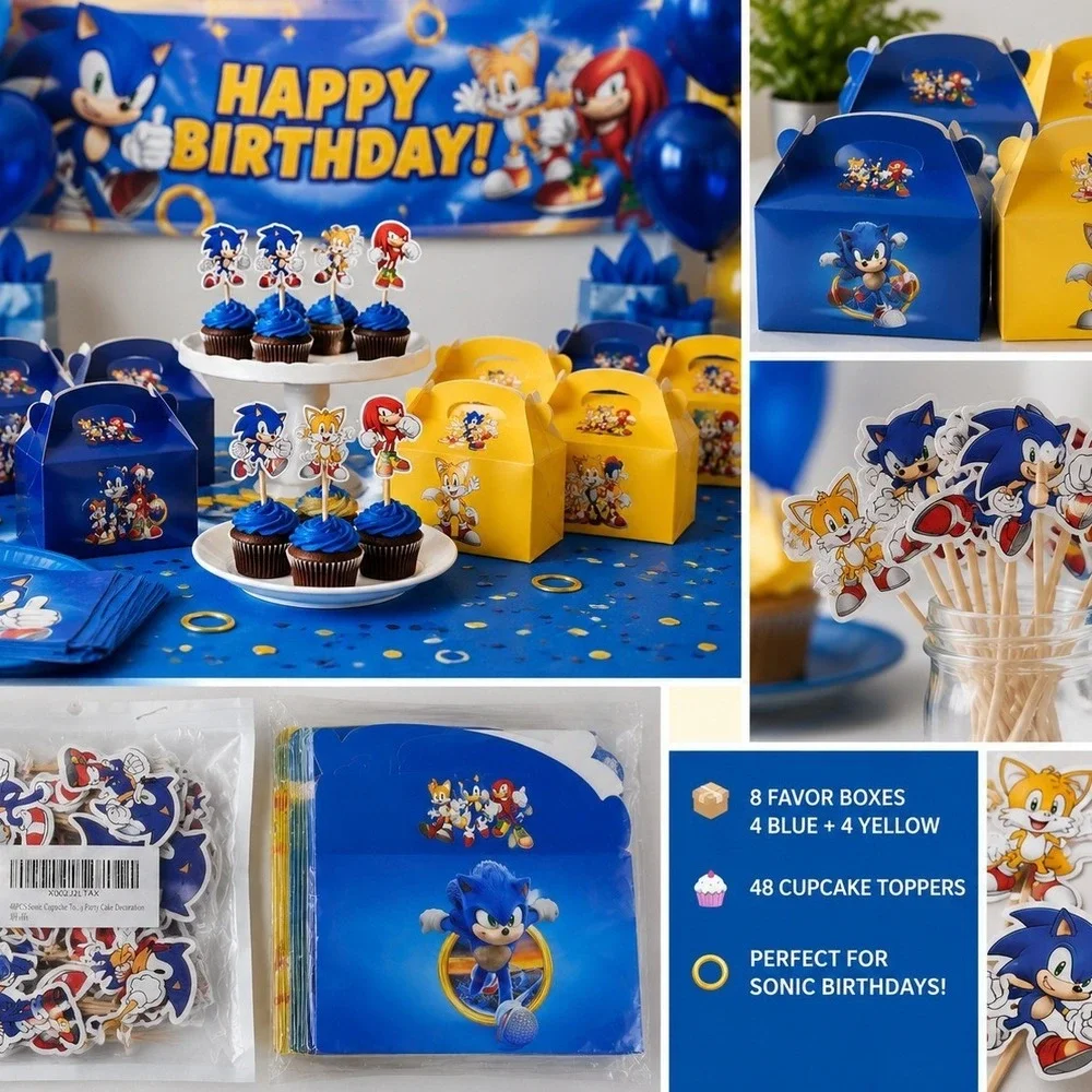 Sonic the Hedgehog Birthday Party Supplies Bundle 8 Favor Boxes 48 Cake Toppers